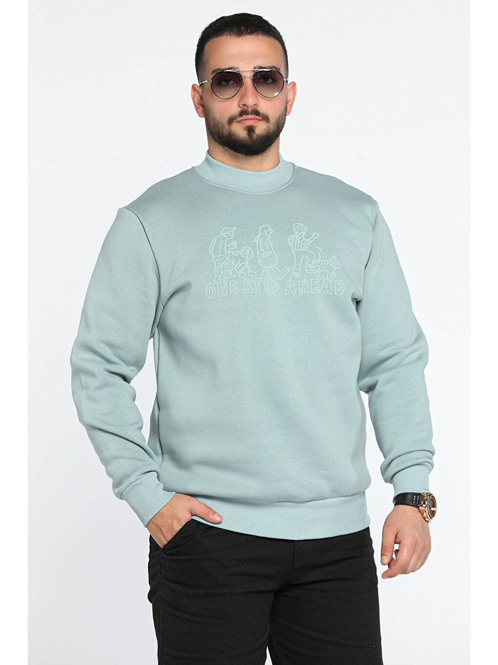 Mishar İtalia Yeşil Erkek Ön Baskılı Şardonlu Üç İplik Sweatshirt