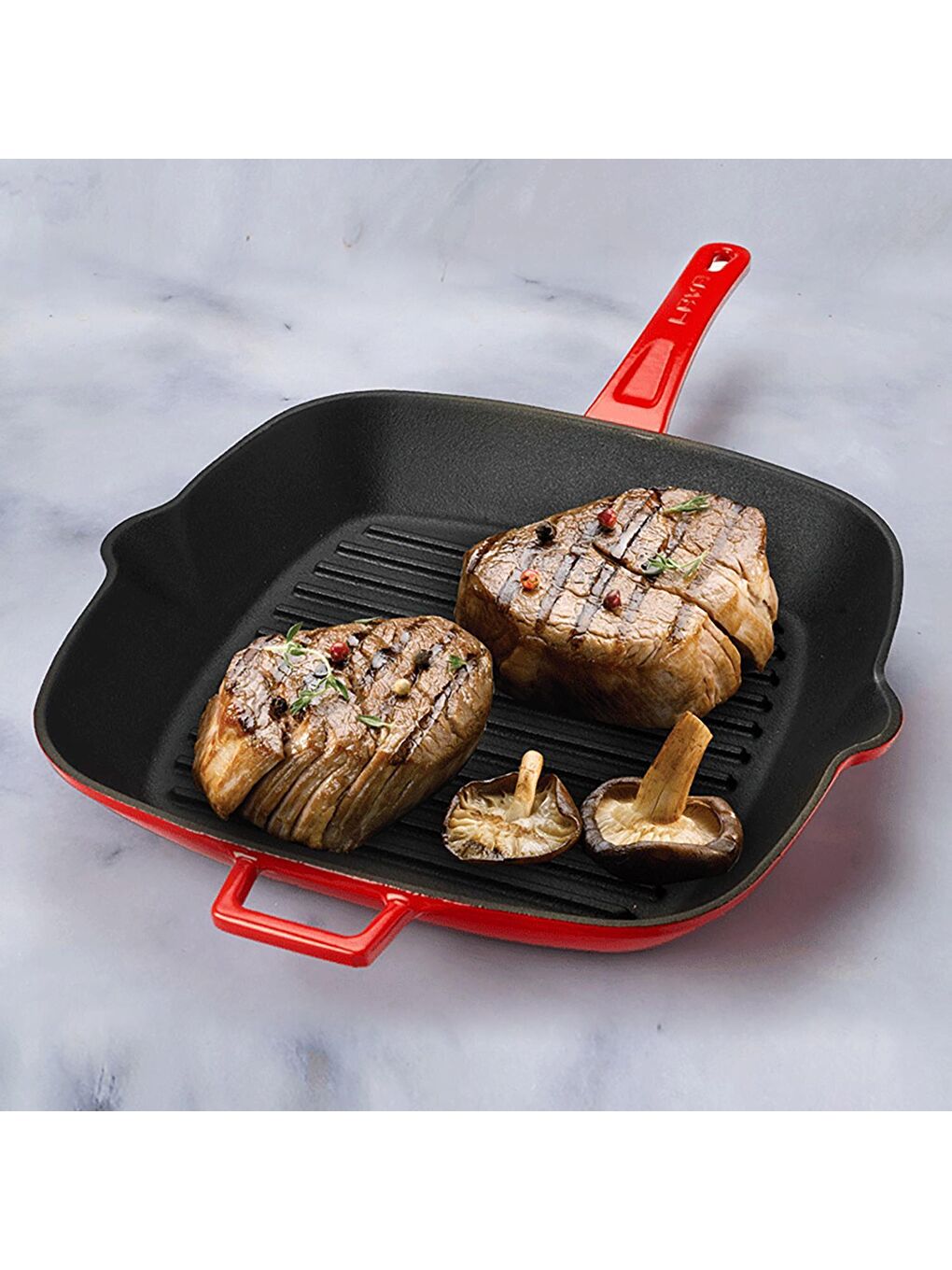 Kırmızı Kare Izgara Tava Döküm Demir Yekpare Saplı Ölçü 28x28cm.-3