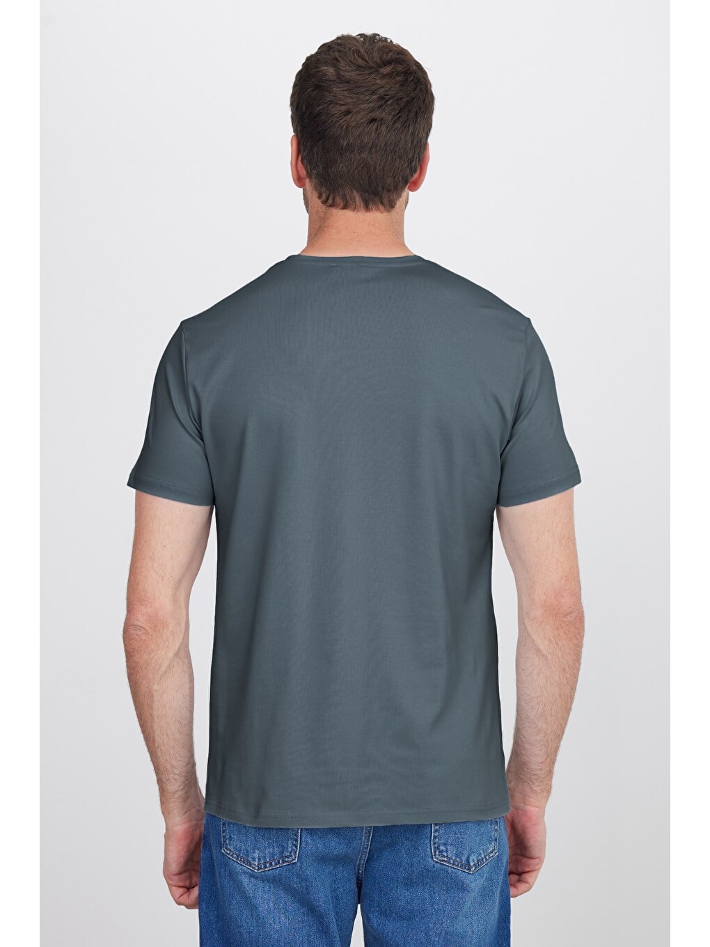 Erkek Slim Fit Dar Kesim Pamuklu Yumuşak Doku Esnek Kumaş Basic Gri Bisiklet Yaka Tişört-5