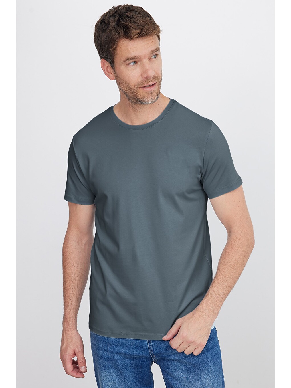 Erkek Slim Fit Dar Kesim Pamuklu Yumuşak Doku Esnek Kumaş Basic Gri Bisiklet Yaka Tişört-6