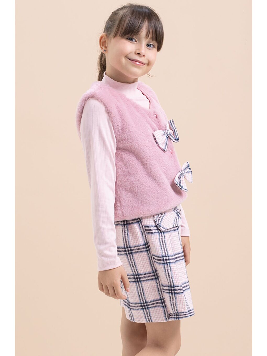 Pembe Kız Çocuk Pelüş Yelekli Ekose Desenli Şort Etekli 3lü Takım 21525-3