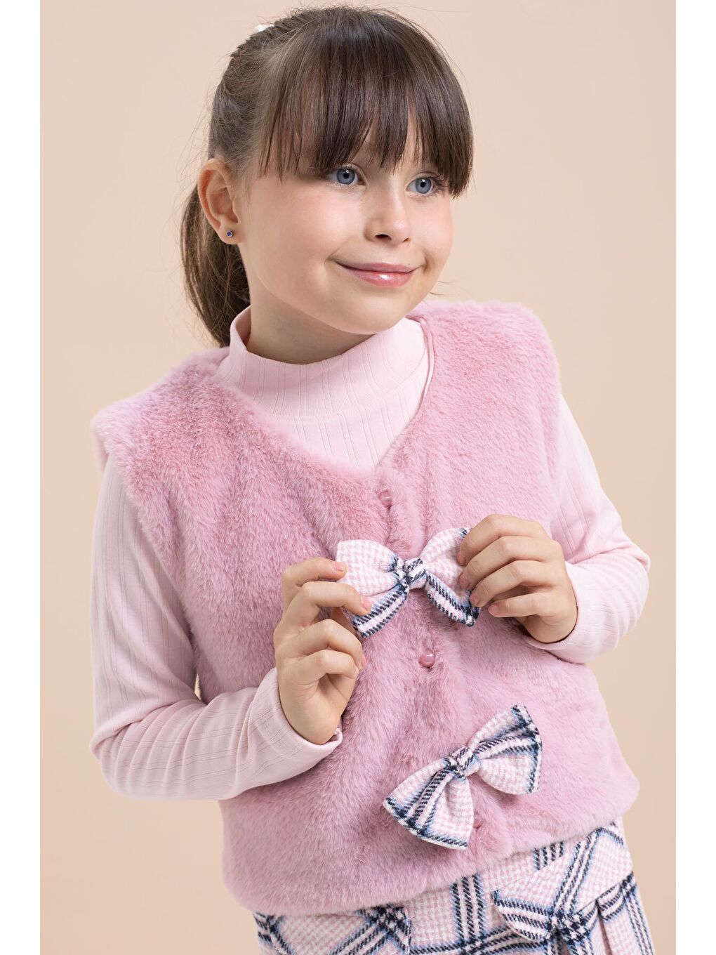 Pembe Kız Çocuk Pelüş Yelekli Ekose Desenli Şort Etekli 3lü Takım 21525-4