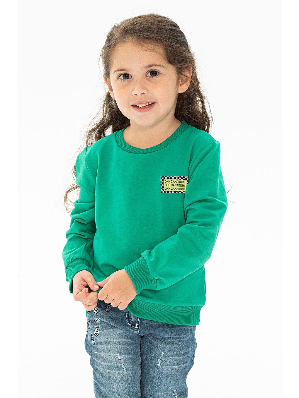 Yeşil Bisiklet Yaka Kız Çocuk Sweatshirt