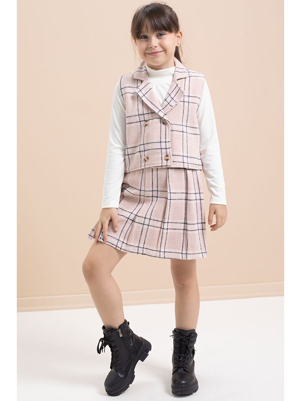 Pembe Ekose Desenli Düğme Detaylı Ceketli Kız Çocuk 2'li Takım 21540-2