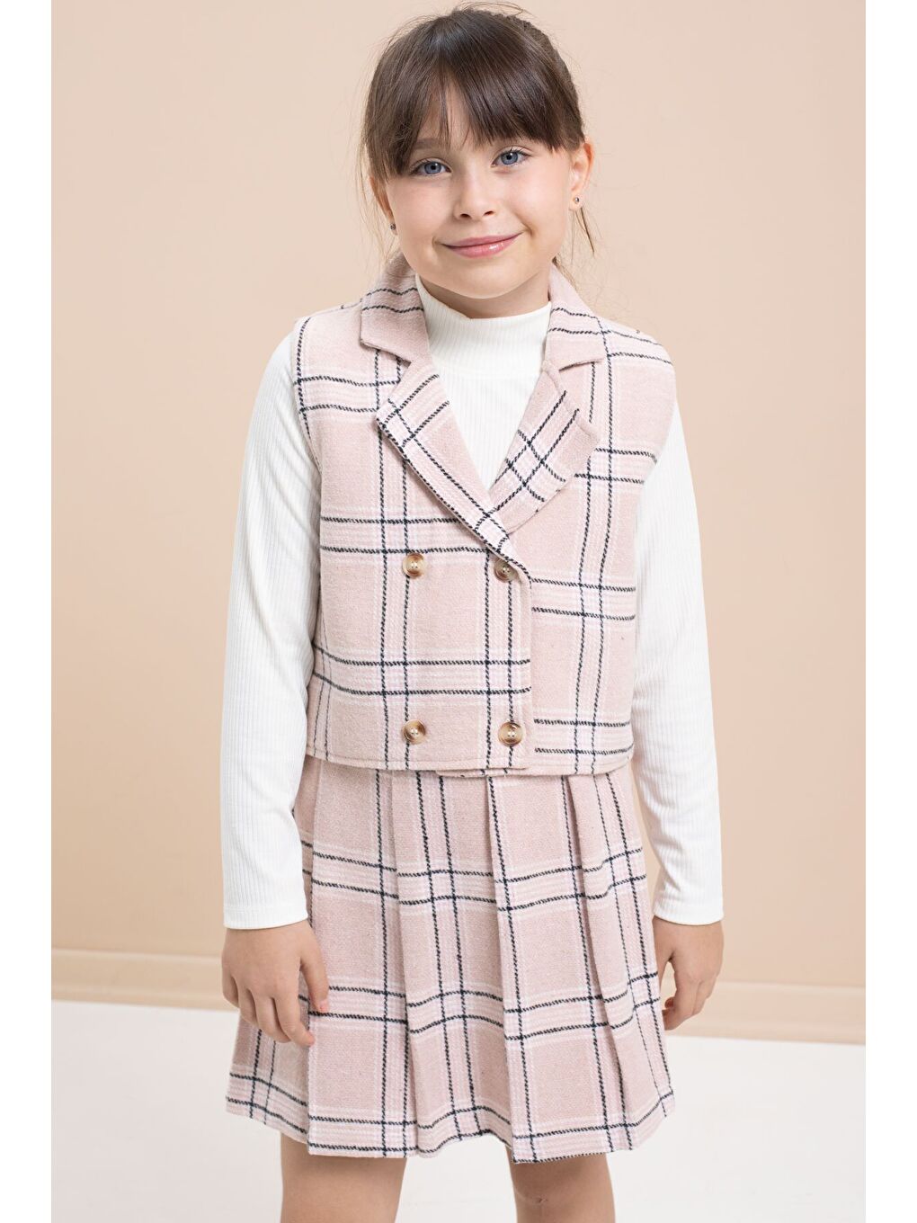 Pembe Ekose Desenli Düğme Detaylı Ceketli Kız Çocuk 2'li Takım 21540-3