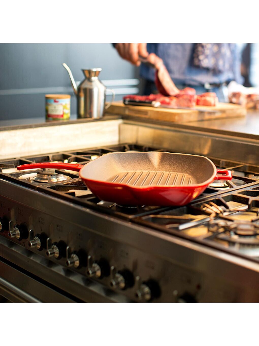 Kırmızı Kare Izgara Tava Döküm Demir Yekpare Saplı Ölçü 28x28cm.-4