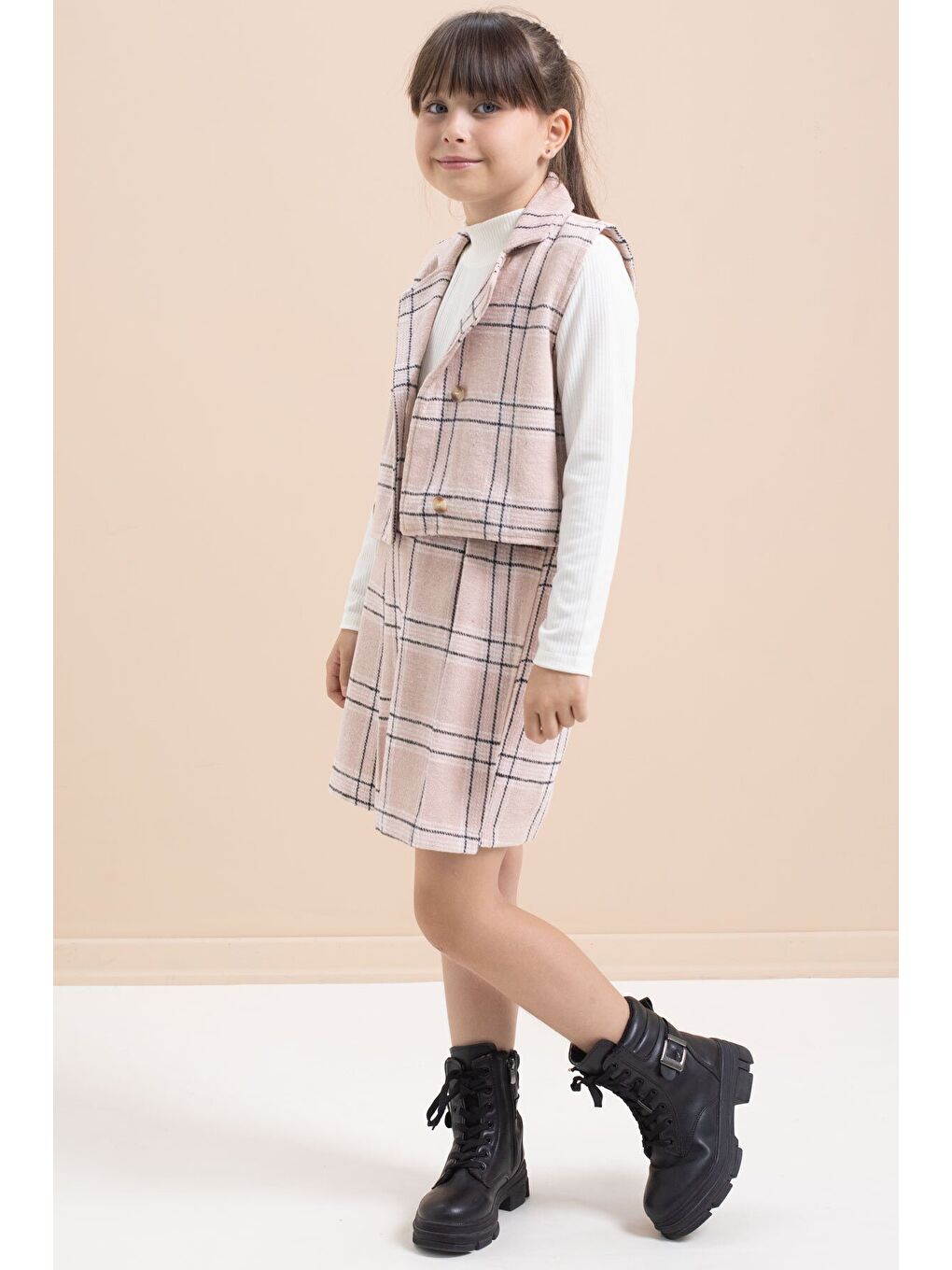 Pembe Ekose Desenli Düğme Detaylı Ceketli Kız Çocuk 2'li Takım 21540-4