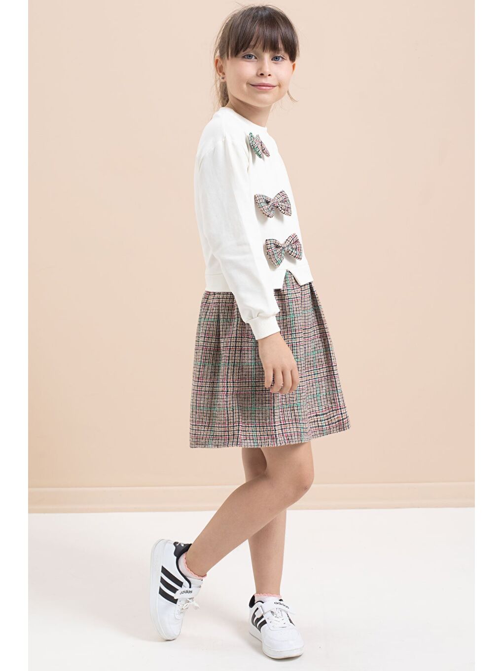 Beyaz Kız Çocuk Fiyonk Detaylı Ekose Etekli Elbise 21533-3