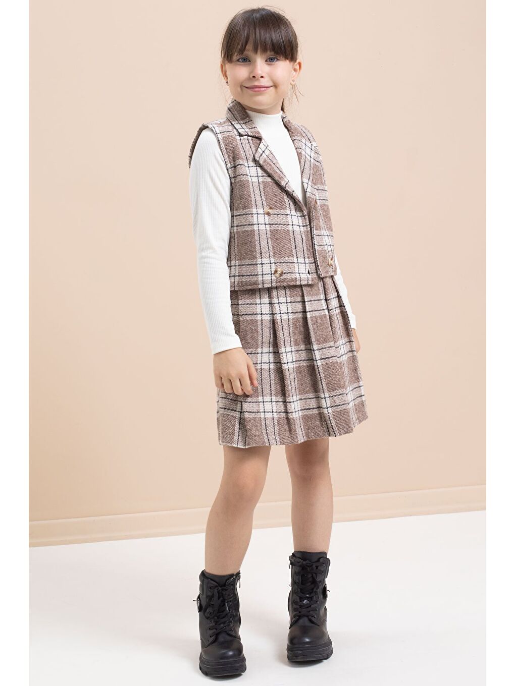 Kahverengi Ekose Desenli Düğme Detaylı Ceketli Kız Çocuk 2'li Takım 21541