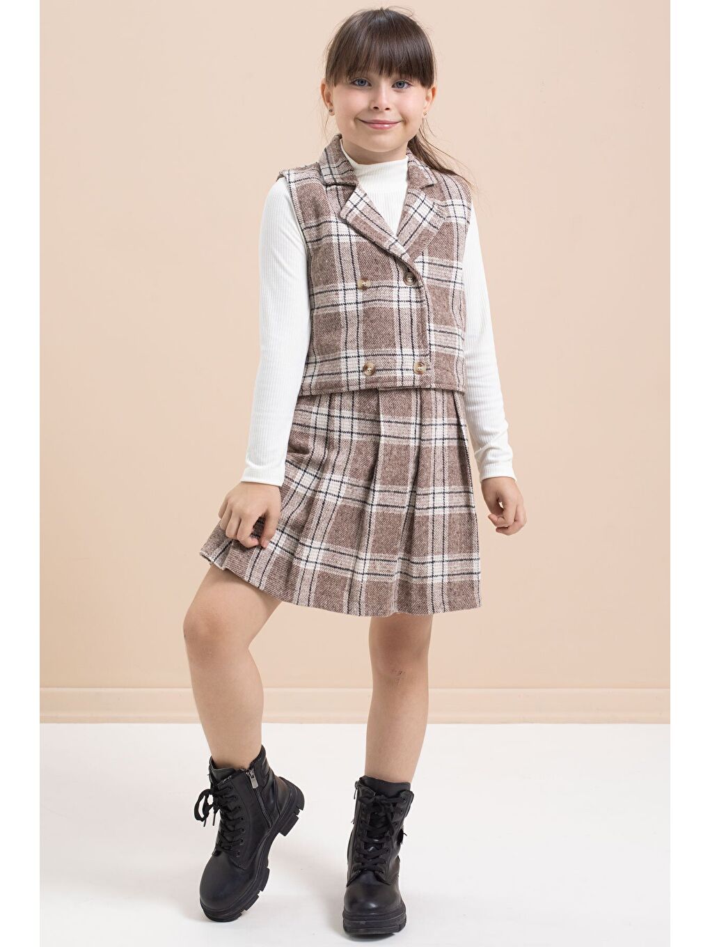 Kahverengi Ekose Desenli Düğme Detaylı Ceketli Kız Çocuk 2'li Takım 21541-2