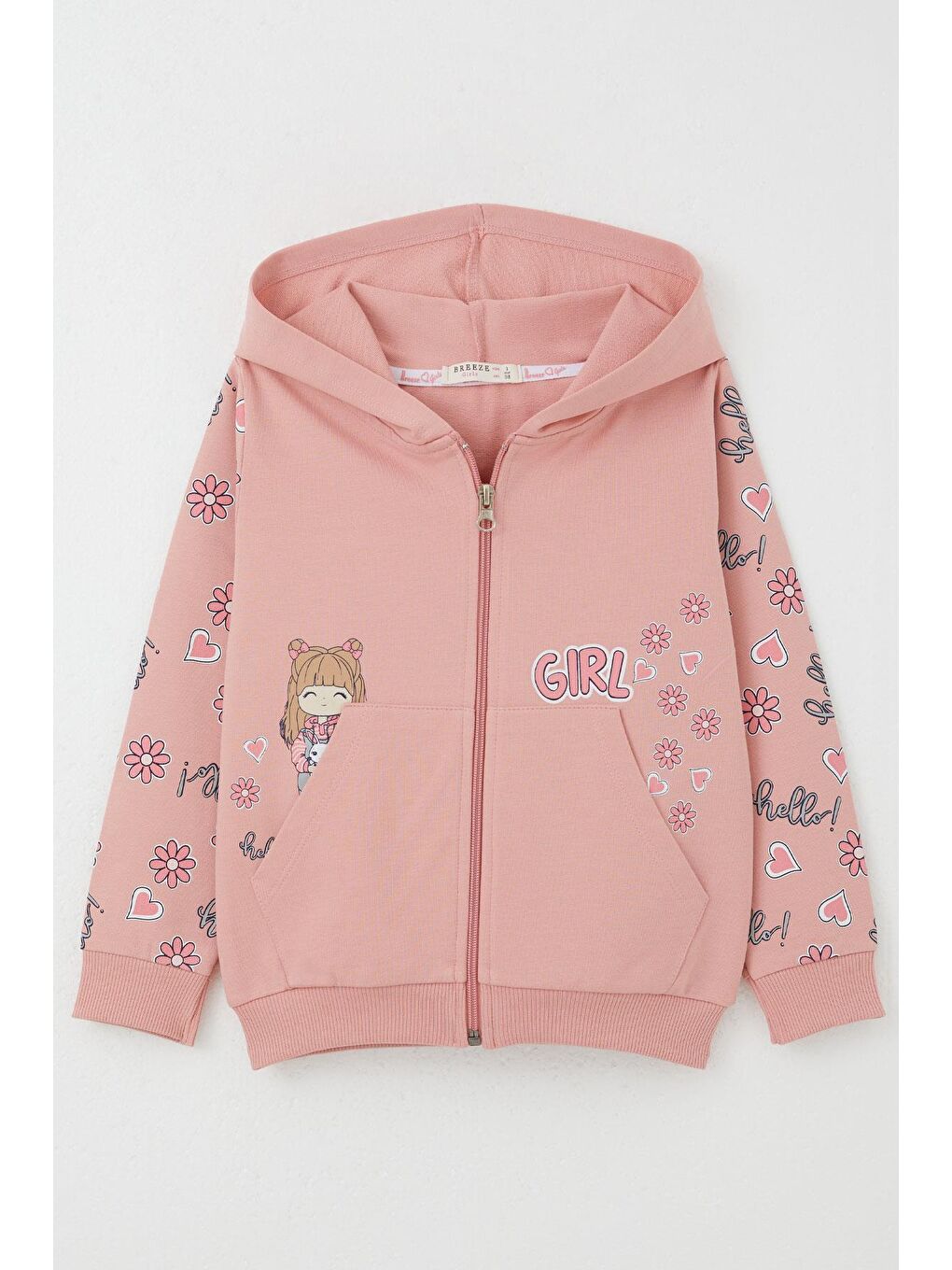Pembe Kız Çocuk Hırka Sevimli Kız Baskılı Kolları Çiçek & Kalp Desenli Gülkurusu (1-4 Yaş)