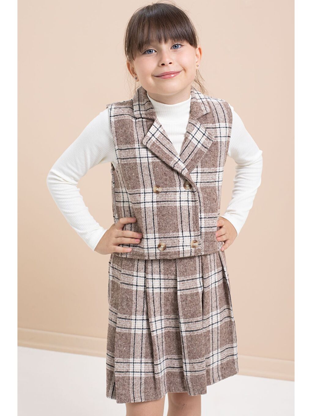 Kahverengi Ekose Desenli Düğme Detaylı Ceketli Kız Çocuk 2'li Takım 21541-3
