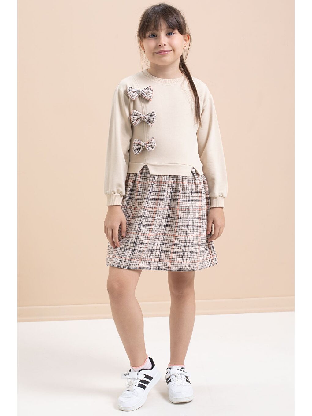 Bej Kız Çocuk Fiyonk Detaylı Ekose Etekli Elbise 21535