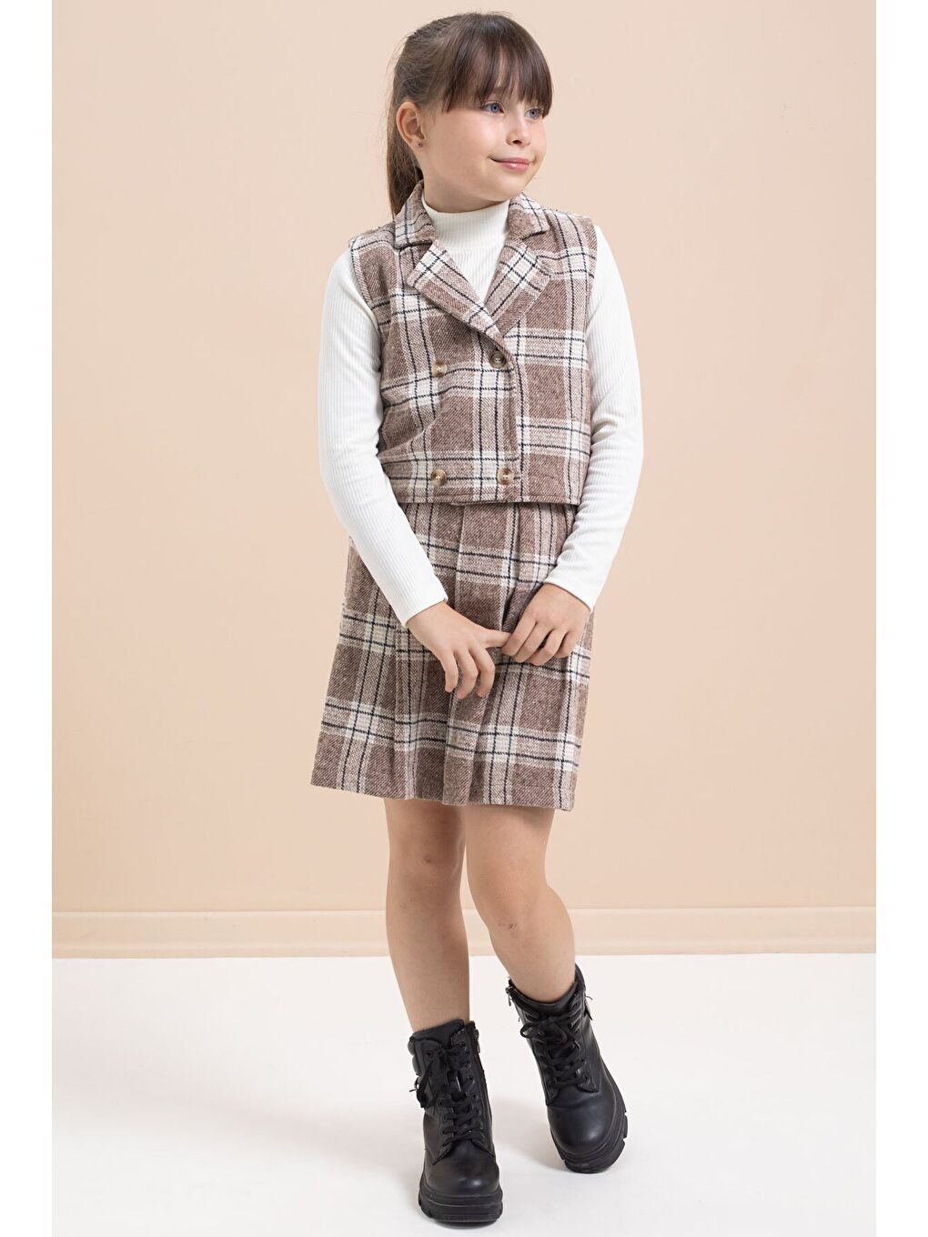 Kahverengi Ekose Desenli Düğme Detaylı Ceketli Kız Çocuk 2'li Takım 21541-4