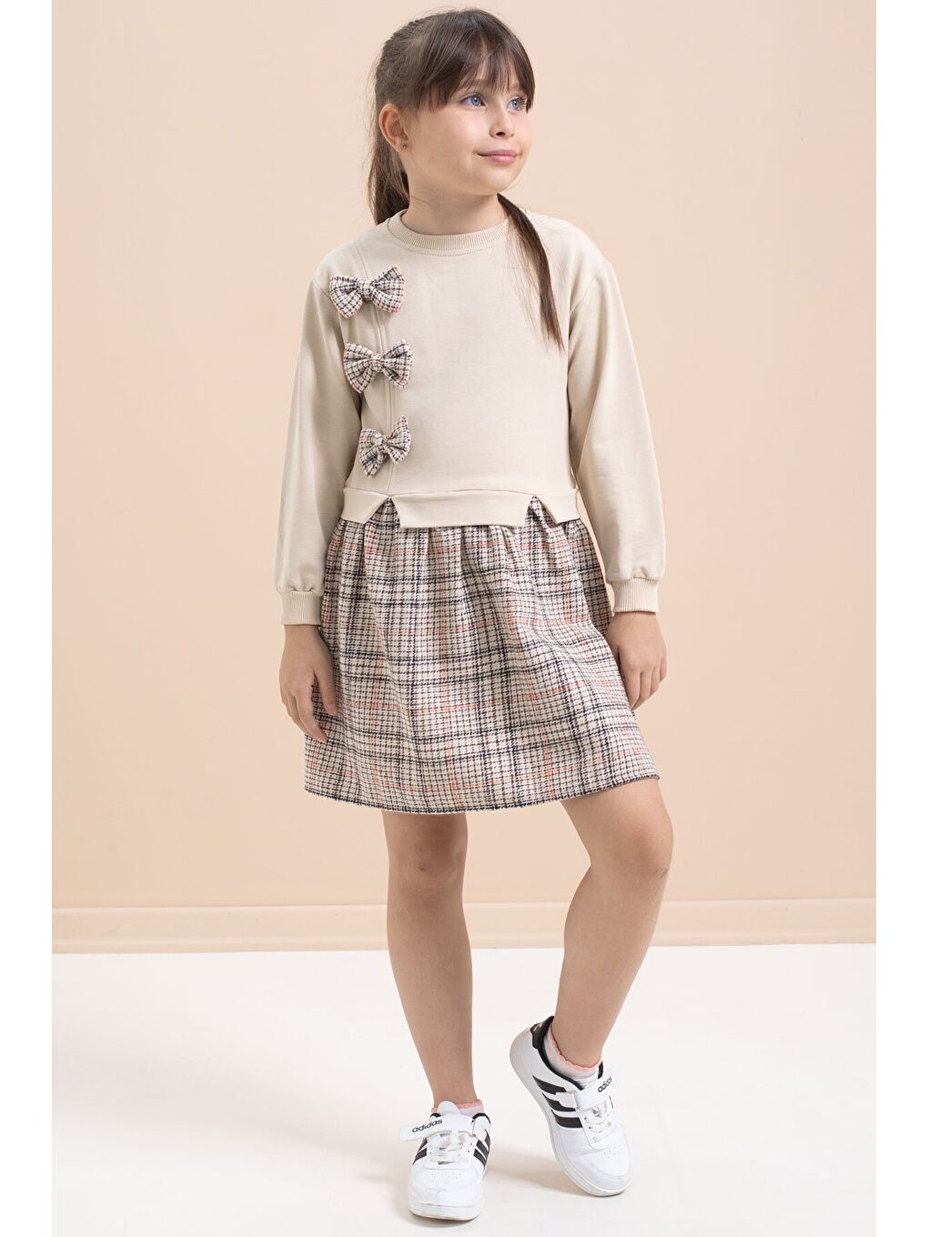 Bej Kız Çocuk Fiyonk Detaylı Ekose Etekli Elbise 21535-3