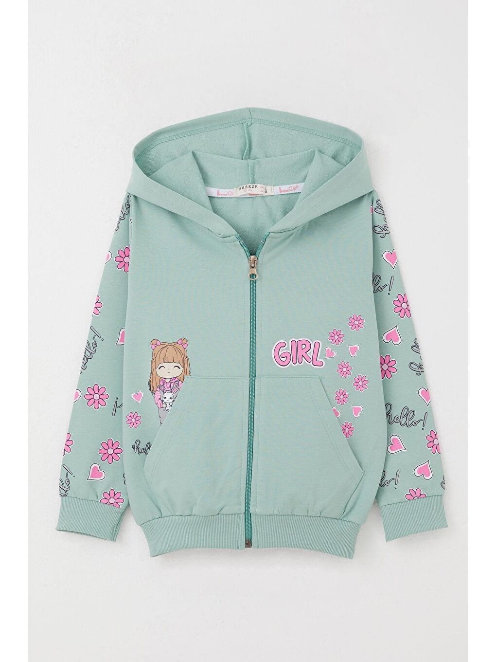 Turkuaz Kız Çocuk Hırka Sevimli Kız Baskılı Kolları Çiçek & Kalp Desenli Su Yeşili (1-4 Yaş)