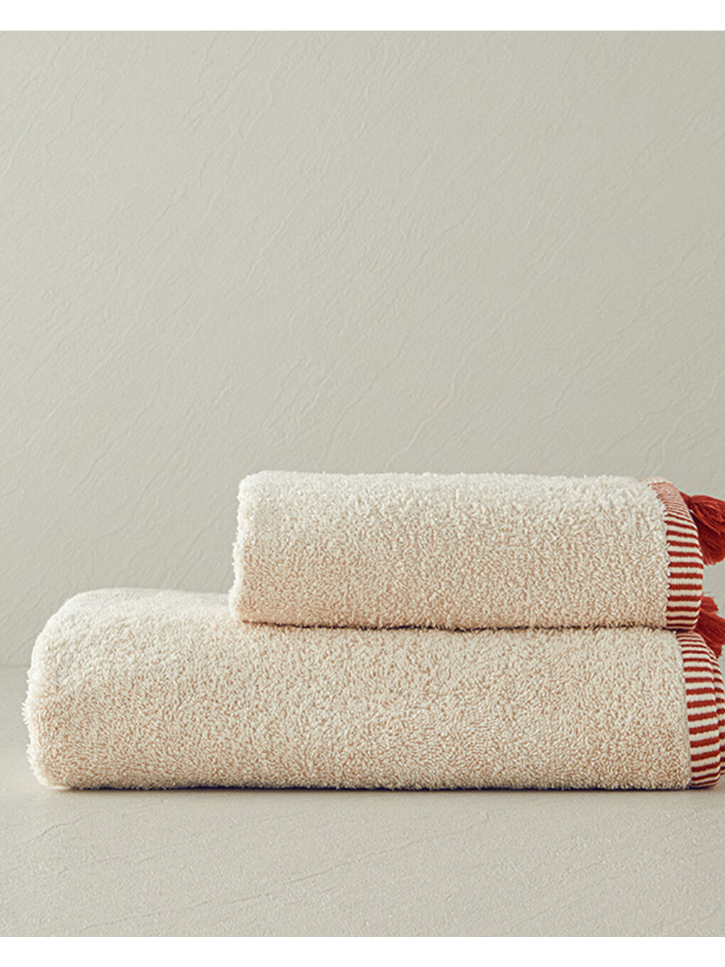 Colorful Lines Pamuklu Püsküllü El Havlusu Açık Bej-Kiremit-1