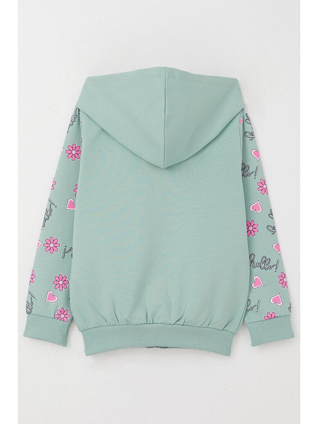 Turkuaz Kız Çocuk Hırka Sevimli Kız Baskılı Kolları Çiçek & Kalp Desenli Su Yeşili (1-4 Yaş)-1