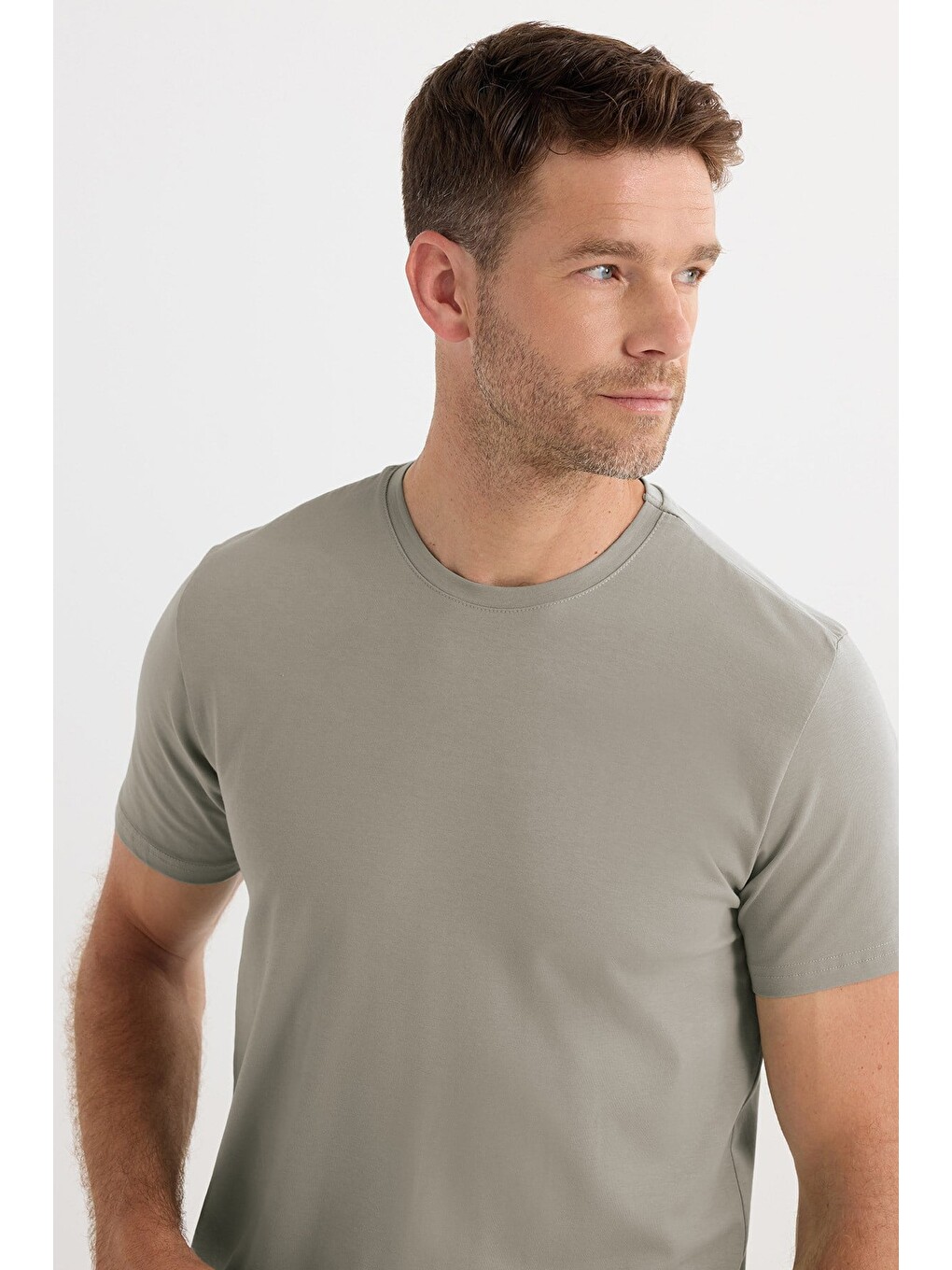 Erkek Slim Fit Dar Kesim Pamuklu Yumuşak Doku Esnek Kumaş Basic Gri Bisiklet Yaka Tişört-2