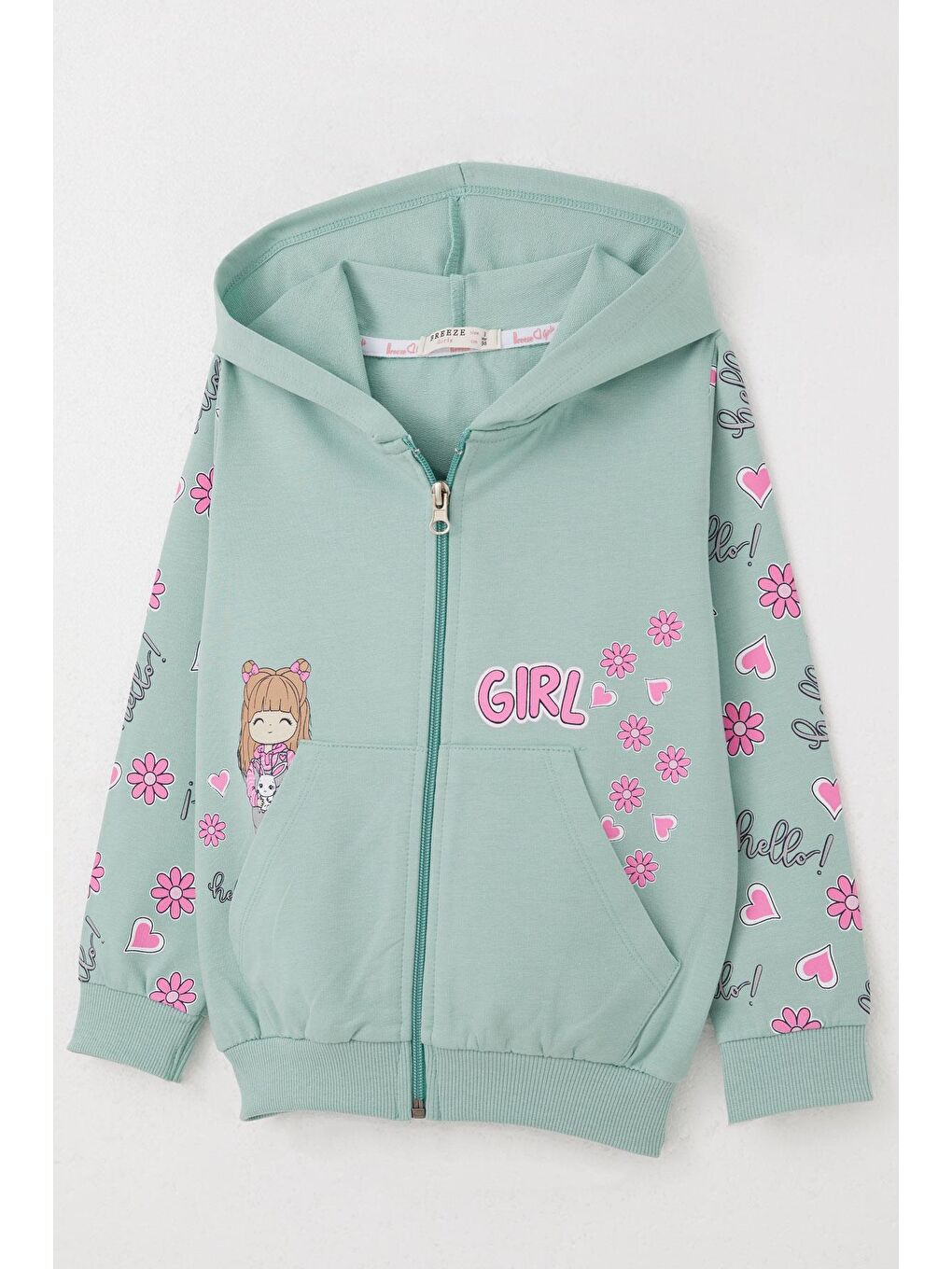 Turkuaz Kız Çocuk Hırka Sevimli Kız Baskılı Kolları Çiçek & Kalp Desenli Su Yeşili (1-4 Yaş)-2