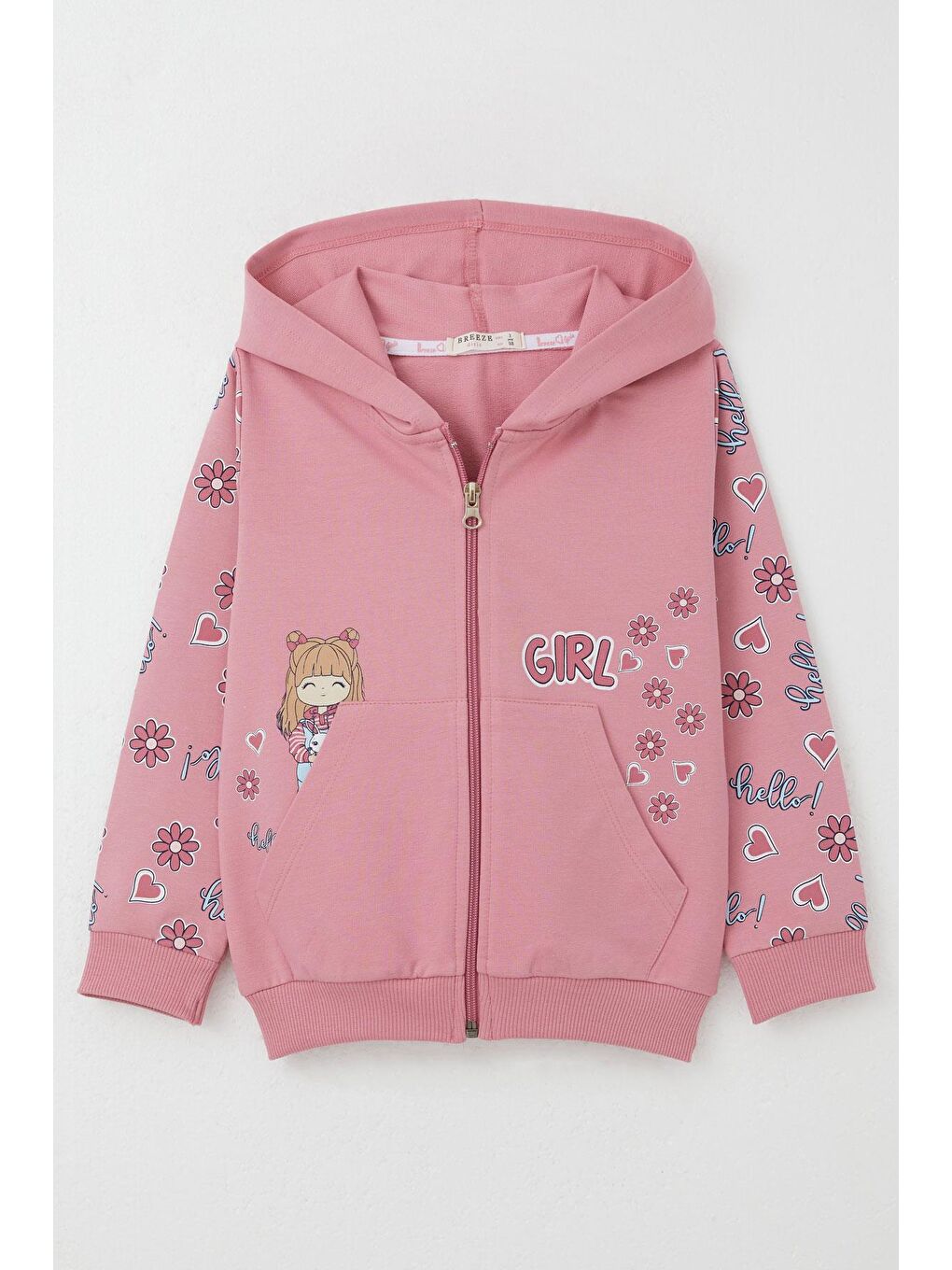 Pembe Kız Çocuk Hırka Sevimli Kız Baskılı Kolları Çiçek & Kalp Desenli Gülkurusu (1-4 Yaş)
