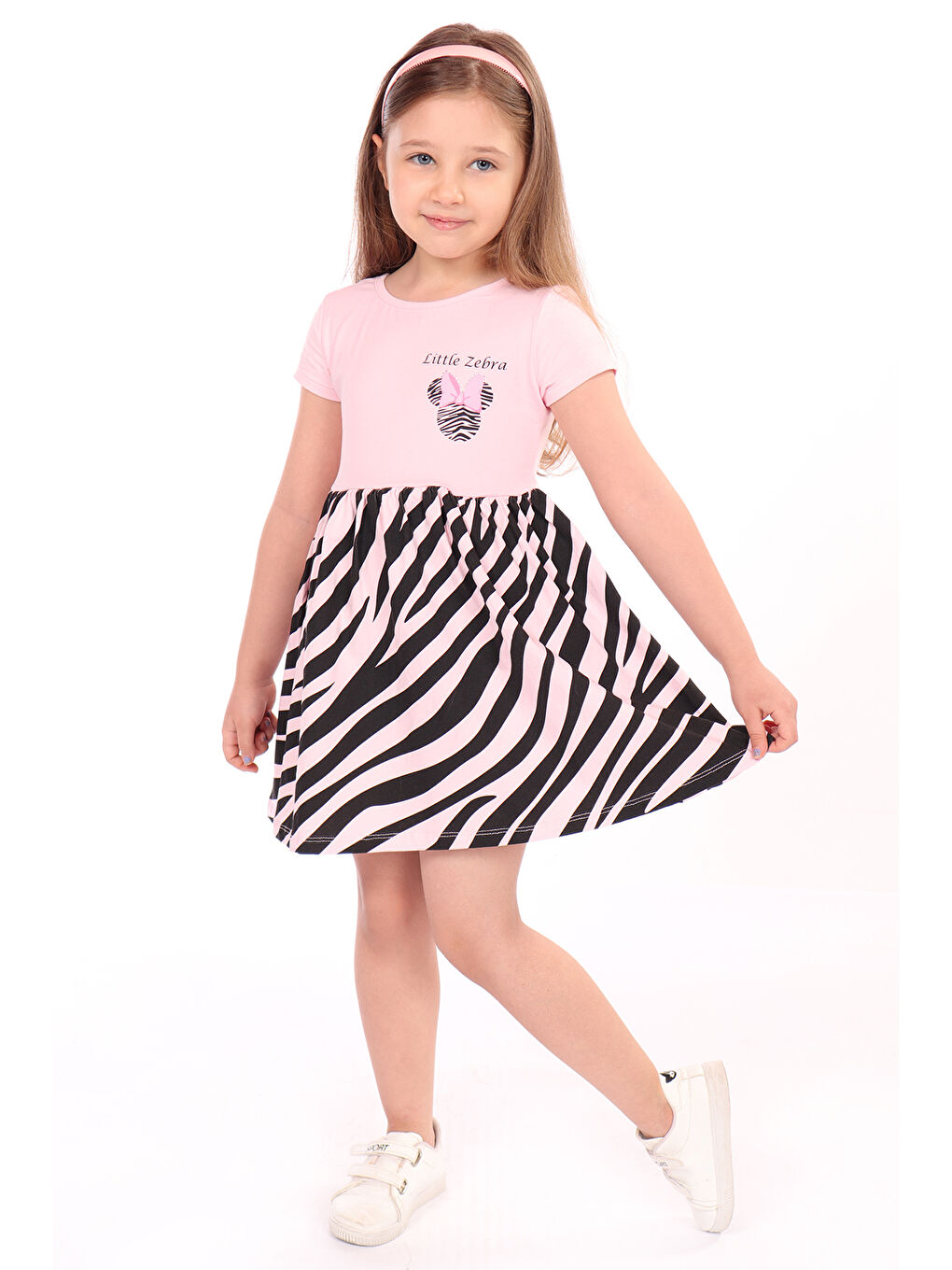 Toontoykids Pembe Kız Çocuk Little Yazılı Etek Kısmı Zebra Desen Baskılı Elbise