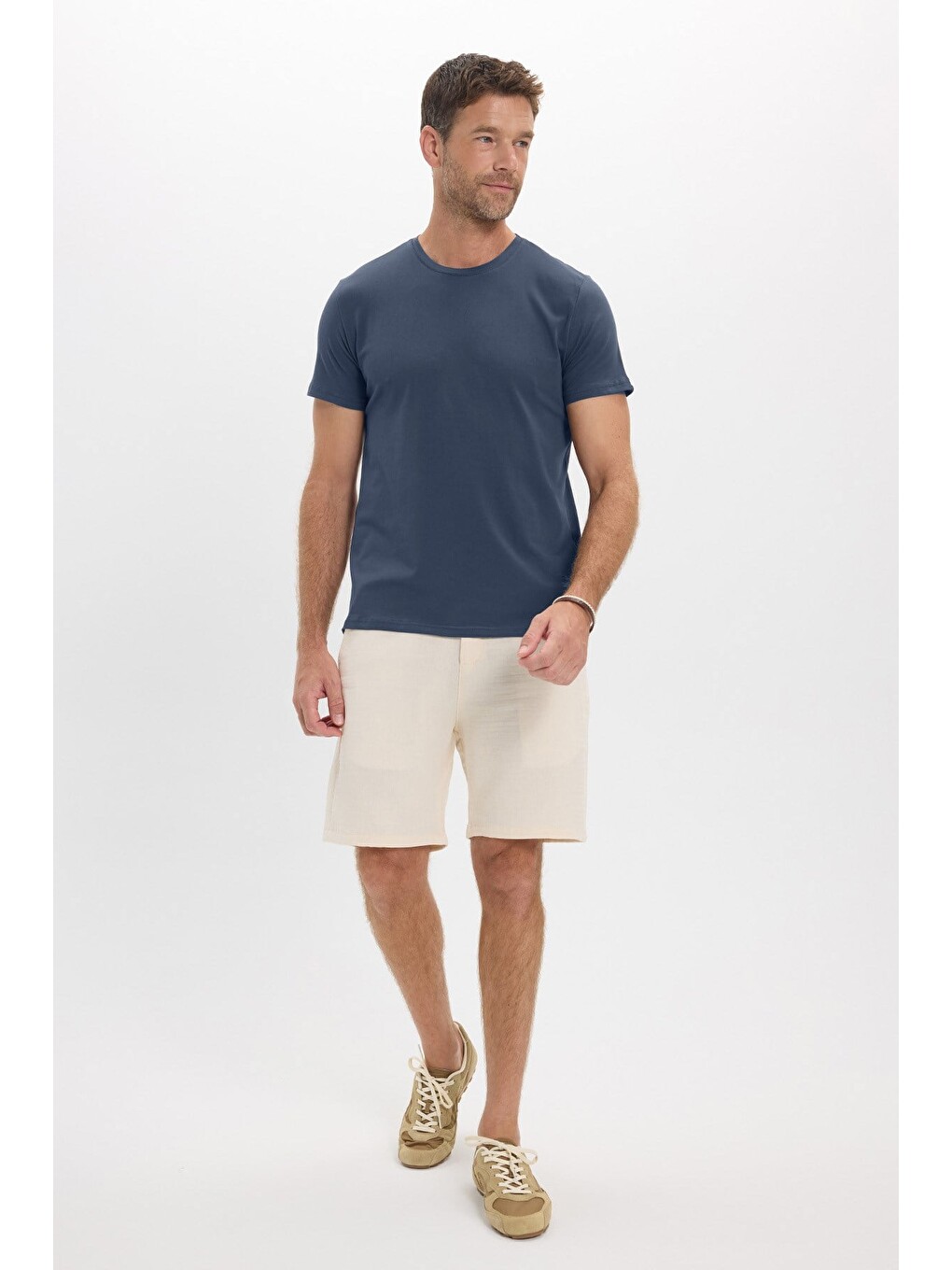 Erkek Slim Fit Dar Kesim Pamuklu Yumuşak Doku Esnek Kumaş Basic İndigo Bisiklet Yaka Tişört-1