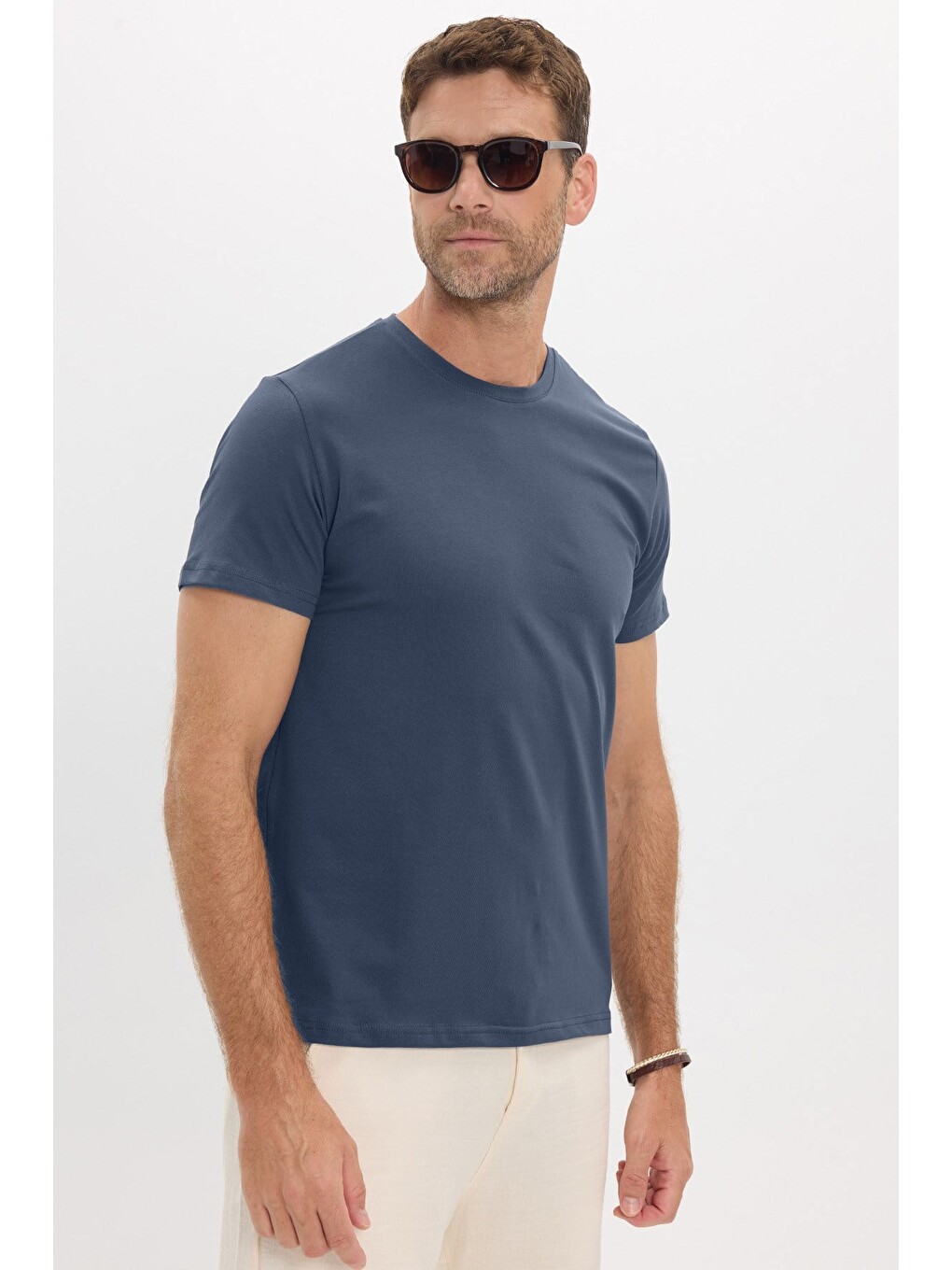 Erkek Slim Fit Dar Kesim Pamuklu Yumuşak Doku Esnek Kumaş Basic İndigo Bisiklet Yaka Tişört-2