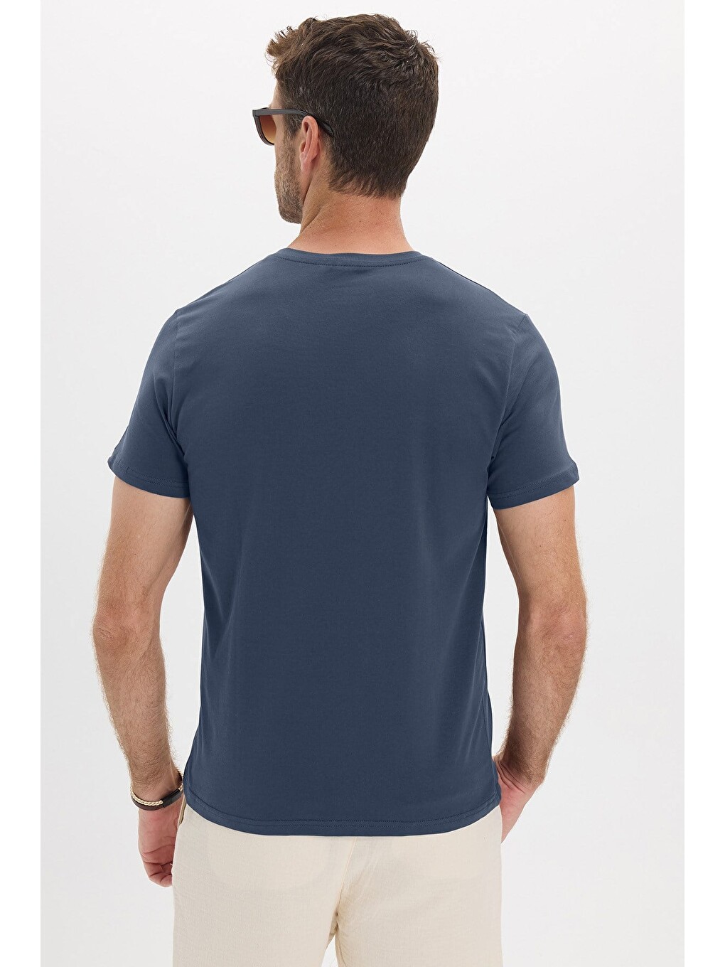 Erkek Slim Fit Dar Kesim Pamuklu Yumuşak Doku Esnek Kumaş Basic İndigo Bisiklet Yaka Tişört-6