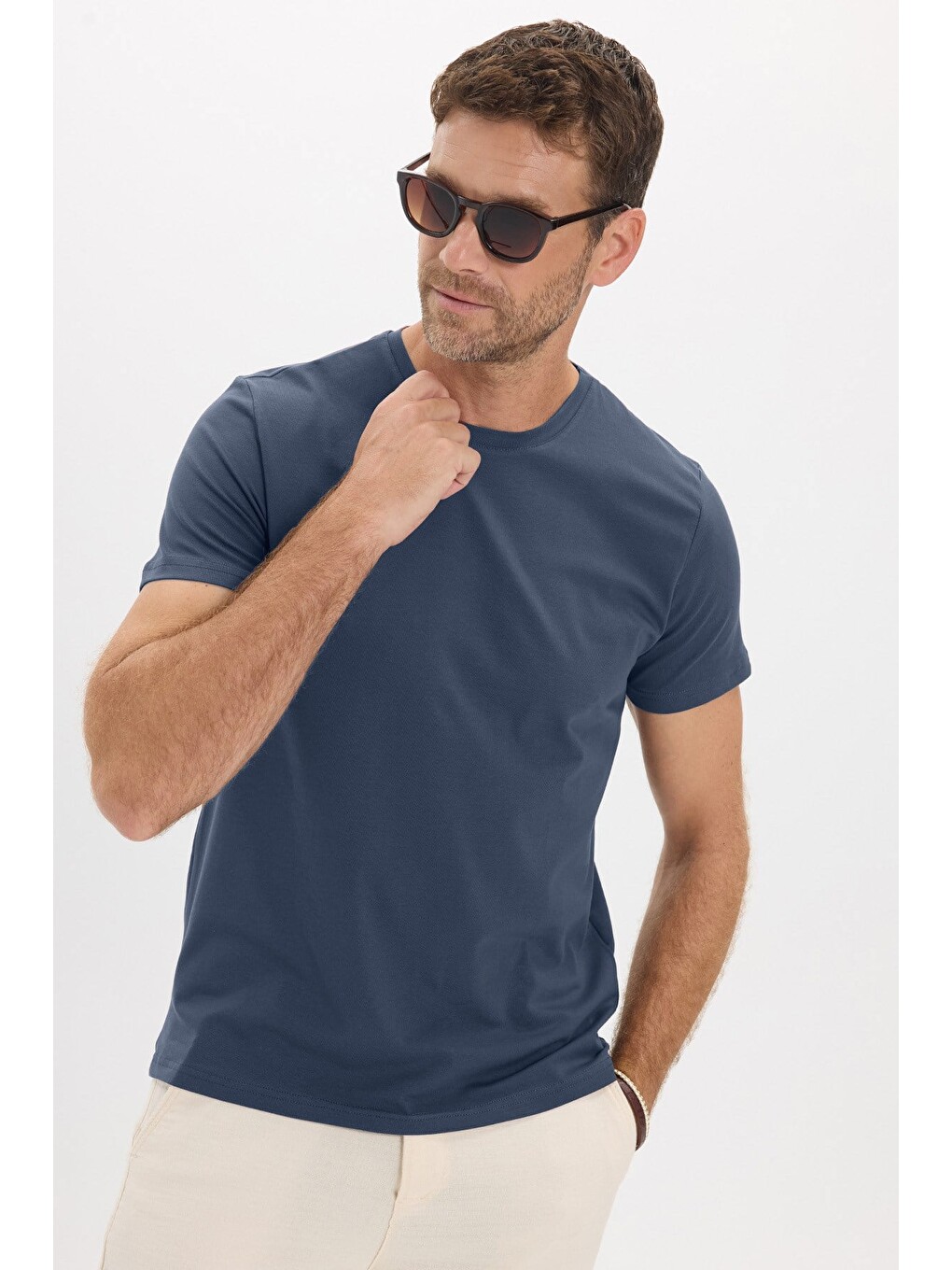 Erkek Slim Fit Dar Kesim Pamuklu Yumuşak Doku Esnek Kumaş Basic İndigo Bisiklet Yaka Tişört-7