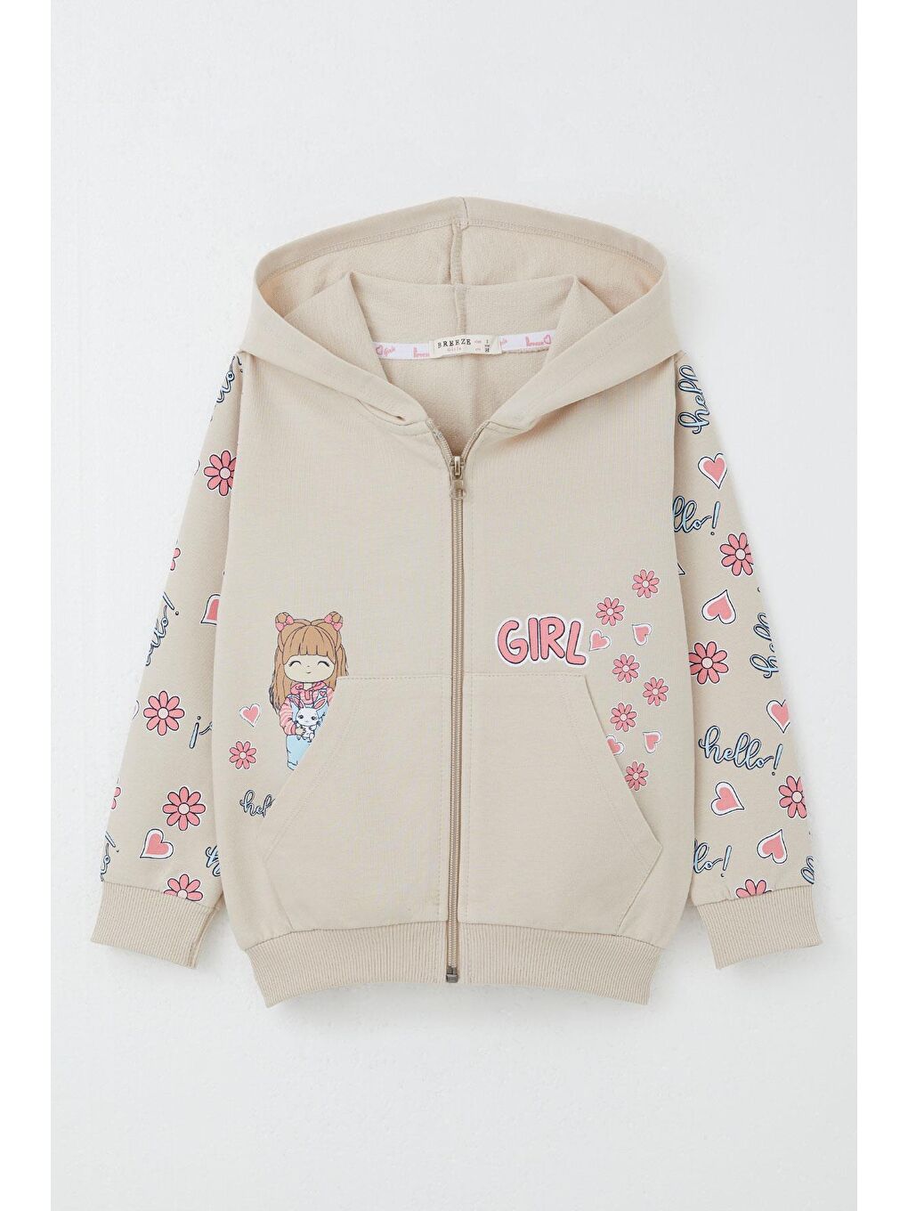 Kız Çocuk Hırka Sevimli Kız Baskılı Kolları Çiçek & Kalp Desenli Bej (1-4 Yaş)