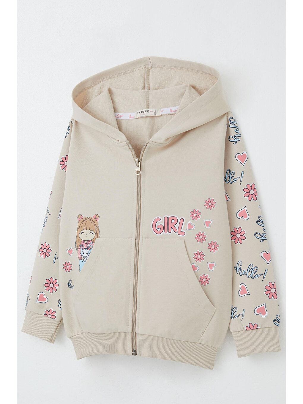 Kız Çocuk Hırka Sevimli Kız Baskılı Kolları Çiçek & Kalp Desenli Bej (1-4 Yaş)-2