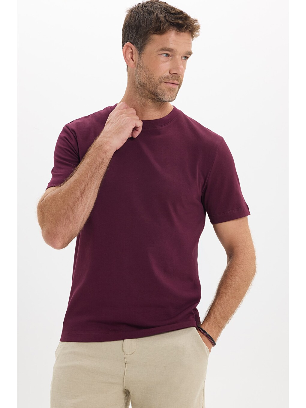 Unisex Regular Fit Rahat Kesim %100 Pamuk Bisiklet Yaka Bordo Tişört-2