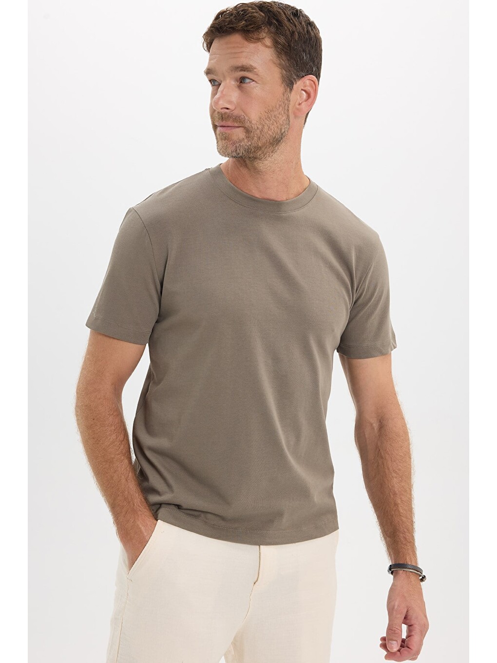 Bej Unisex Regular Fit Rahat Kesim %100 Pamuk Bisiklet Yaka Taş Tişört-2