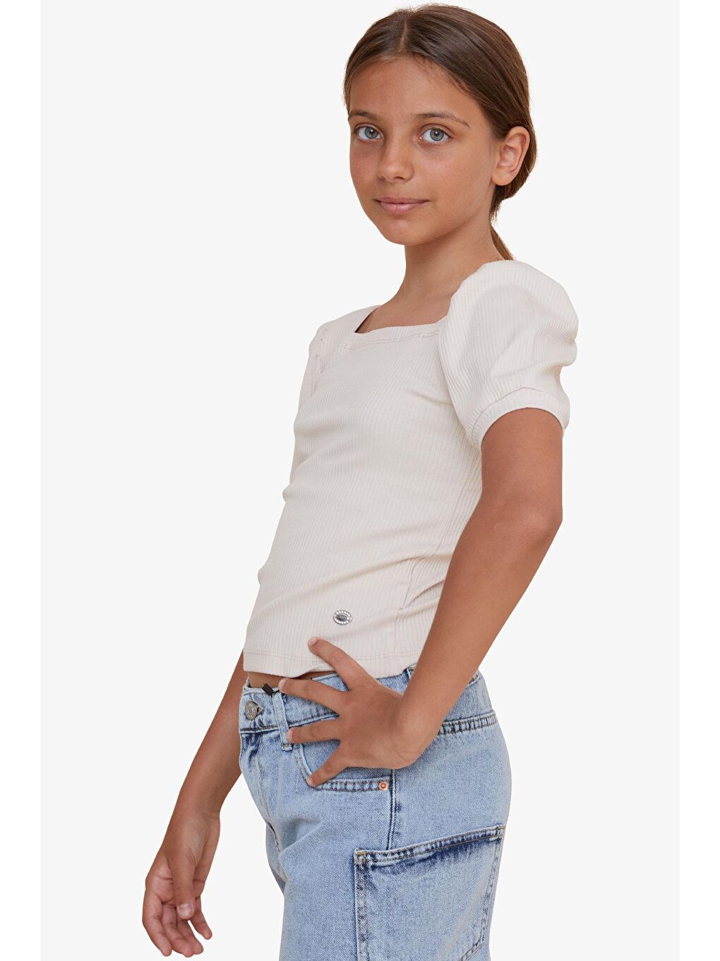 Kız Çocuk Crop Tişört Kare Yaka Bej (8-14 Yaş)-1