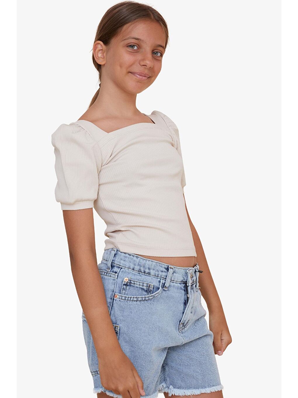 Kız Çocuk Crop Tişört Kare Yaka Bej (8-14 Yaş)-2