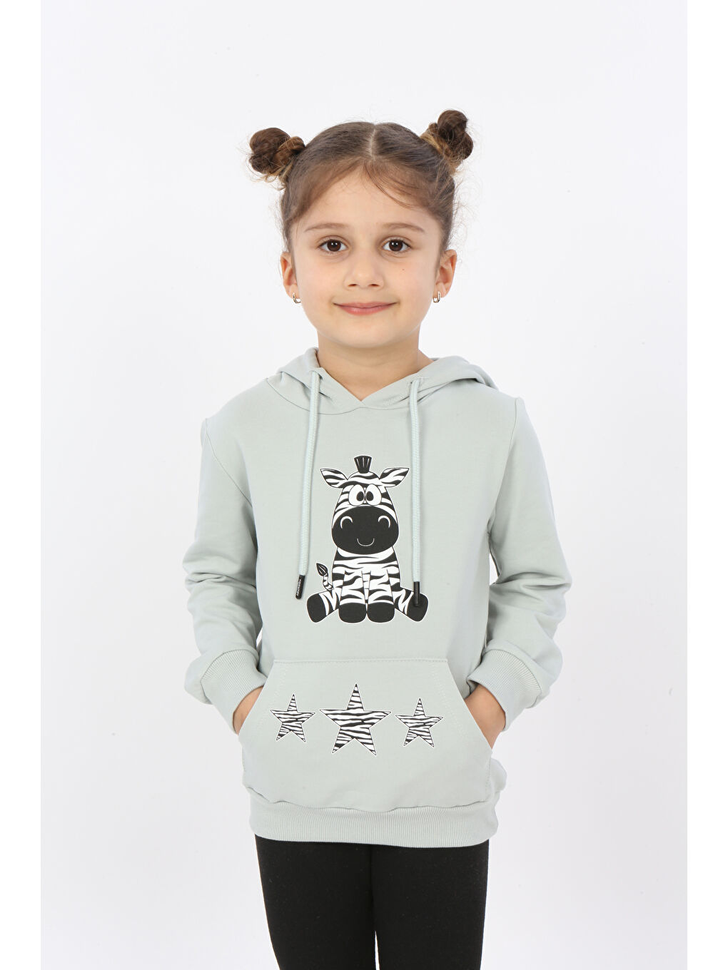 Toontoykids Yeşil Kız Çocuk Yıldızlı Zebra Baskılı Kapüşonlu Sweatshirt