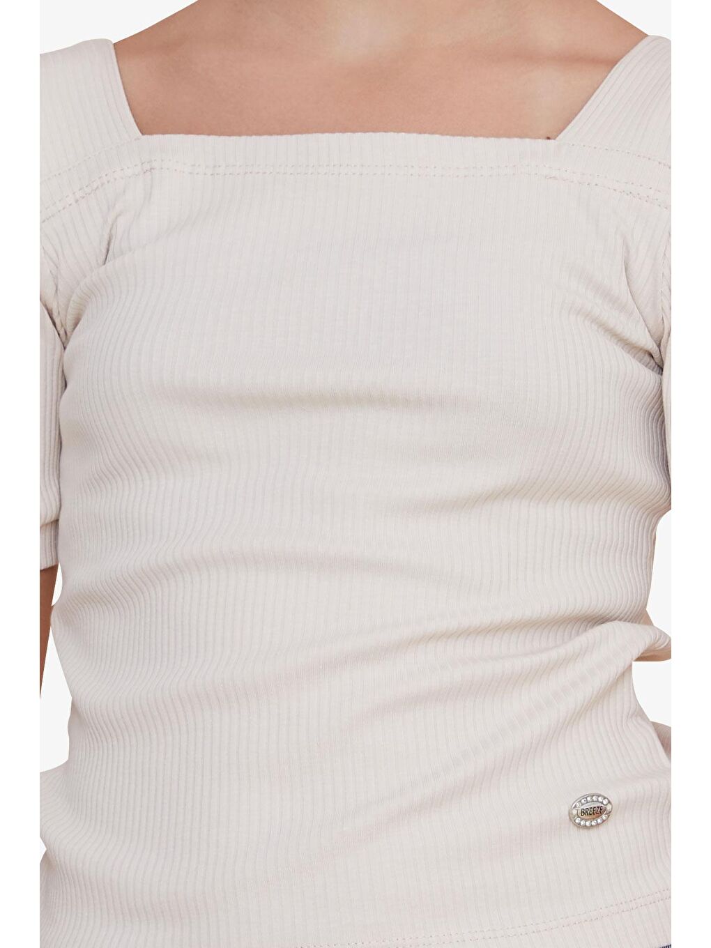 Kız Çocuk Crop Tişört Kare Yaka Bej (8-14 Yaş)-3