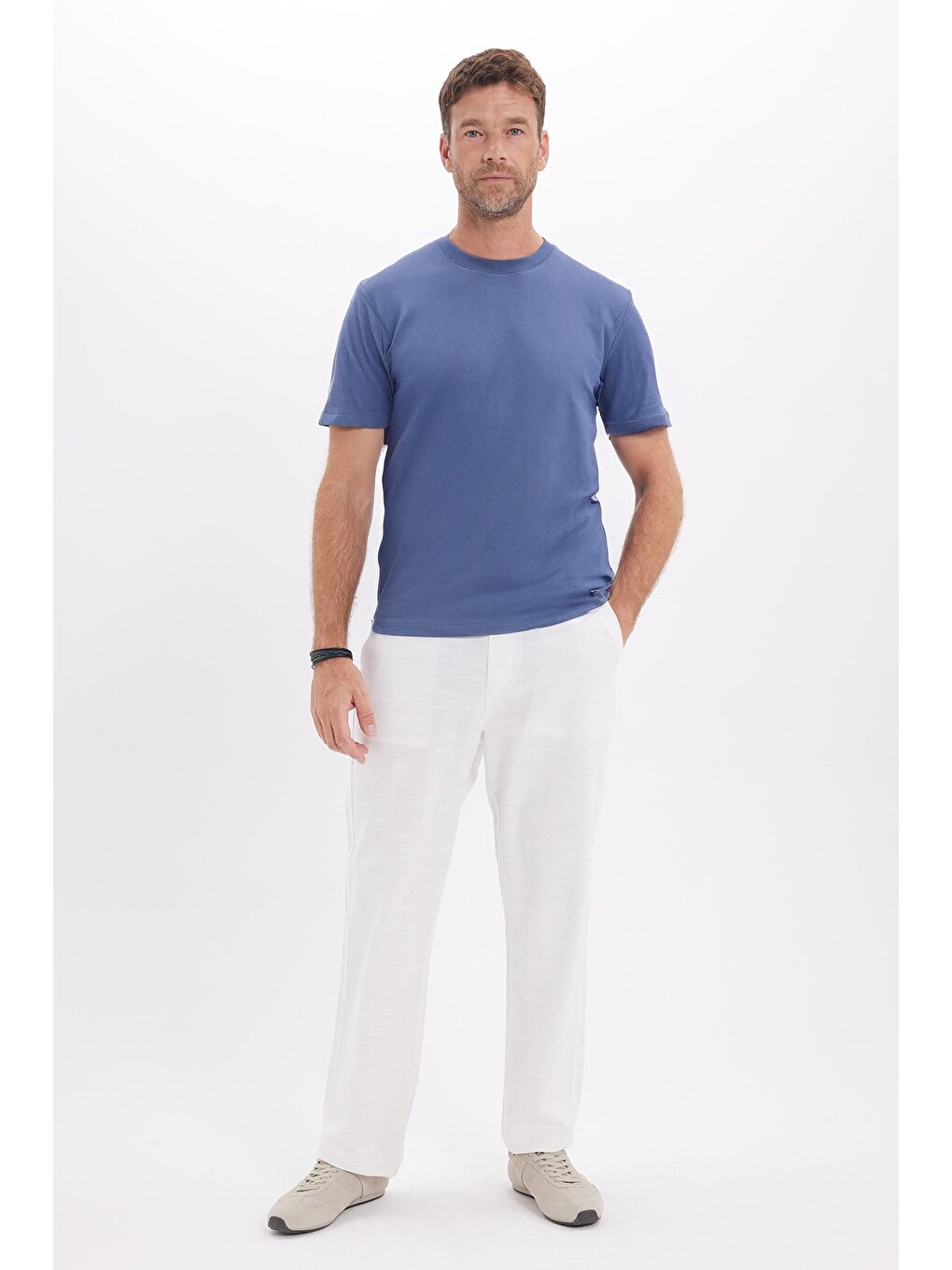 Unisex Regular Fit Rahat Kesim %100 Pamuk Bisiklet Yaka İndigo Tişört-1