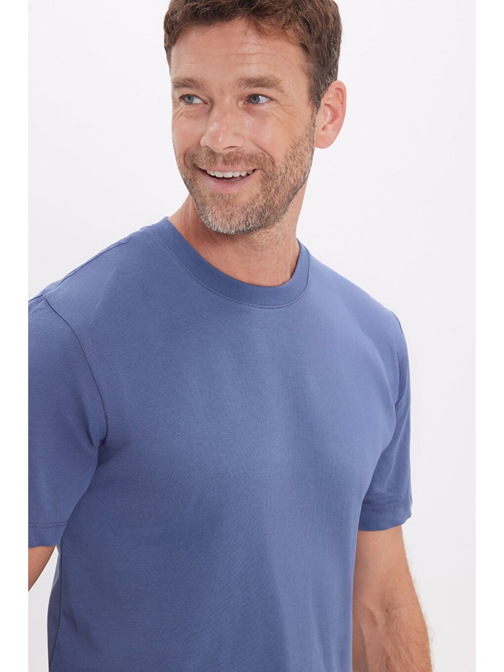 Unisex Regular Fit Rahat Kesim %100 Pamuk Bisiklet Yaka İndigo Tişört-2
