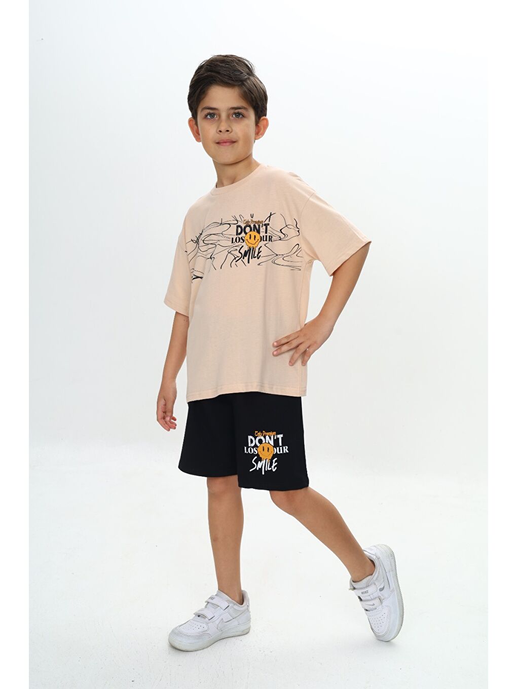 Bej Erkek Çocuk Smile Yazı Baskılı Şortlu Takım-4