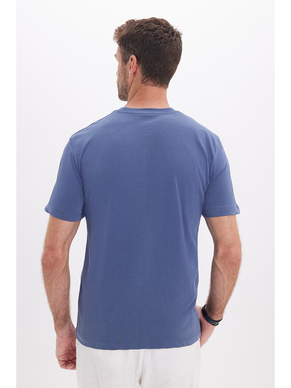 Unisex Regular Fit Rahat Kesim %100 Pamuk Bisiklet Yaka İndigo Tişört-5