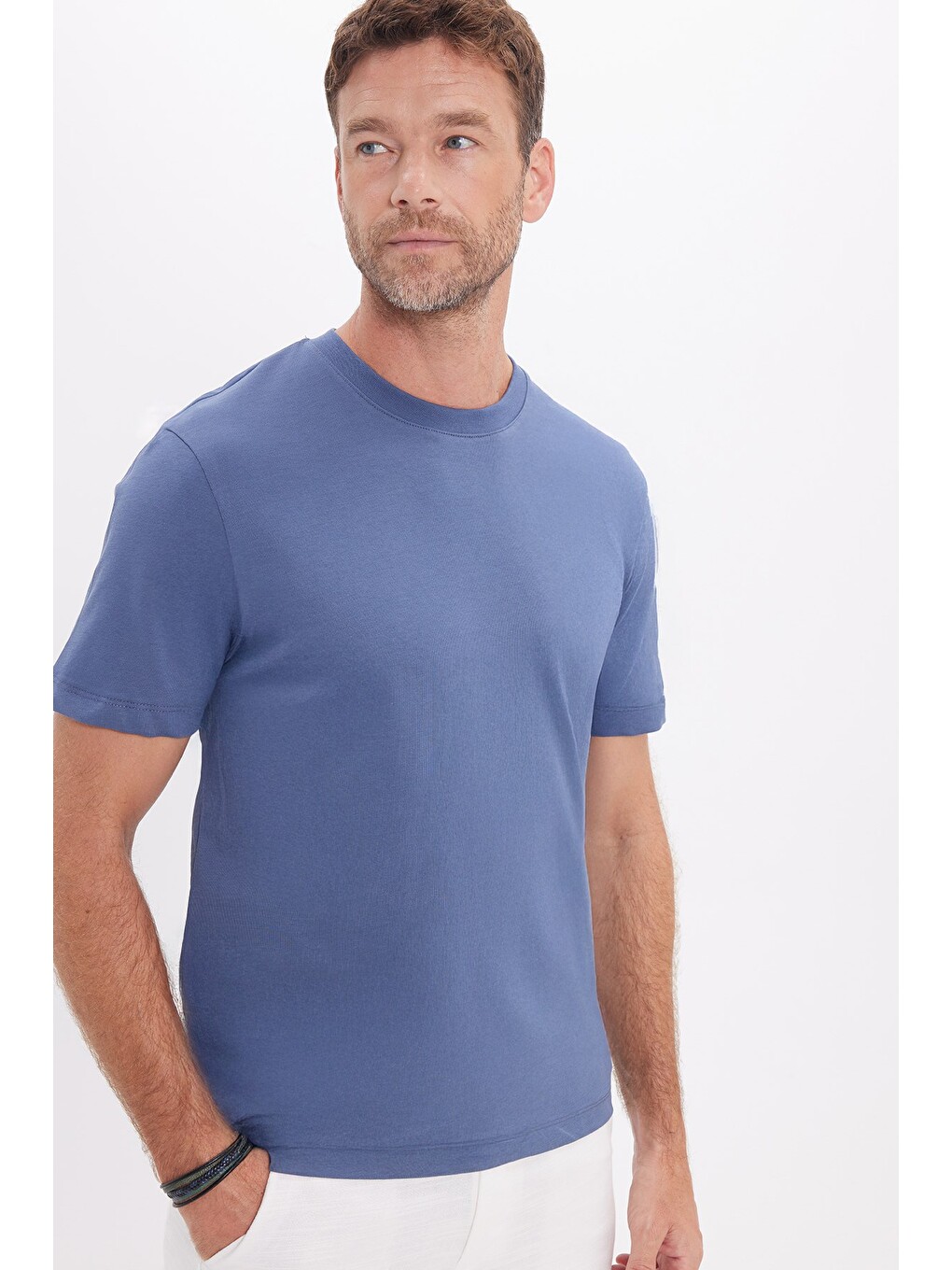 Unisex Regular Fit Rahat Kesim %100 Pamuk Bisiklet Yaka İndigo Tişört-6