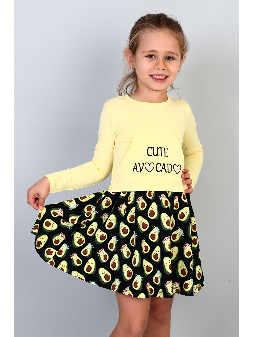 Toontoykids Sarı Kız Çocuk Cute Avocado Naskışlı Eteği Desenli Elbise