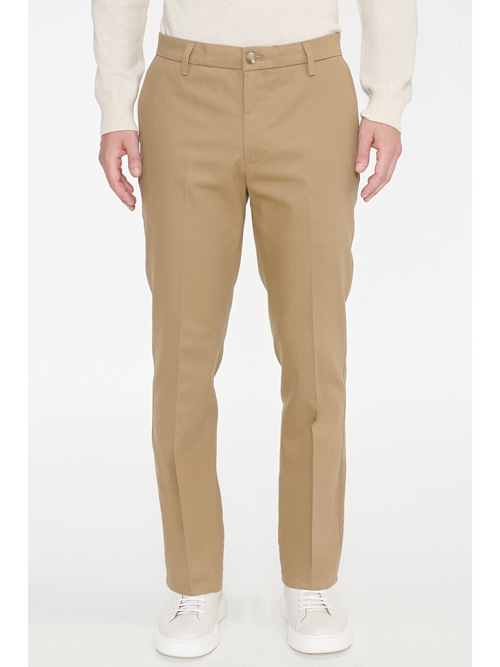 Erkek Bej Pamuklu Slim Fit Dar Kesim Yan Cepli Esnek Pantolon-1