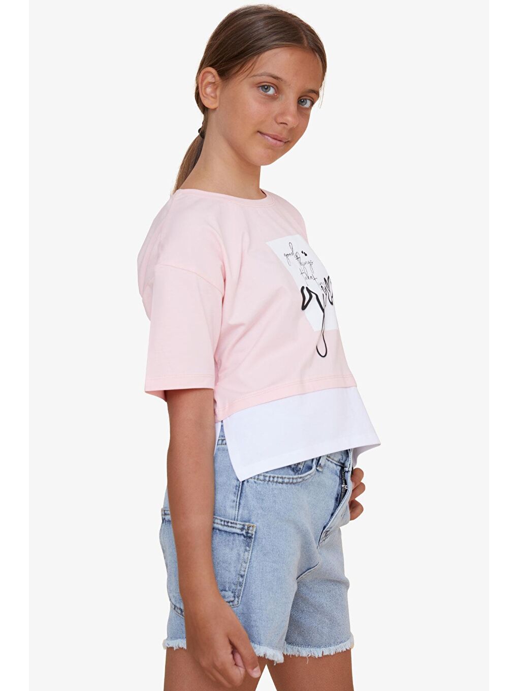 Kız Çocuk Crop Tişört Yazı Baskılı Yanları Yırtmaçlı Pembe (9-14 Yaş)-1