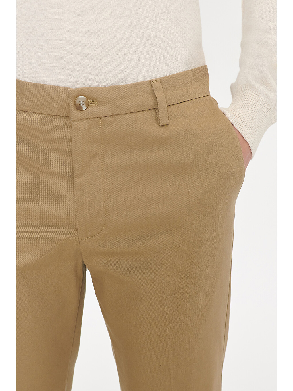 Erkek Bej Pamuklu Slim Fit Dar Kesim Yan Cepli Esnek Pantolon-3