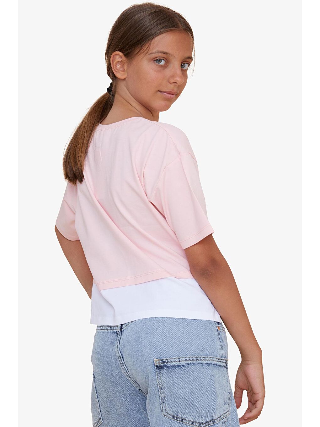 Kız Çocuk Crop Tişört Yazı Baskılı Yanları Yırtmaçlı Pembe (9-14 Yaş)-2