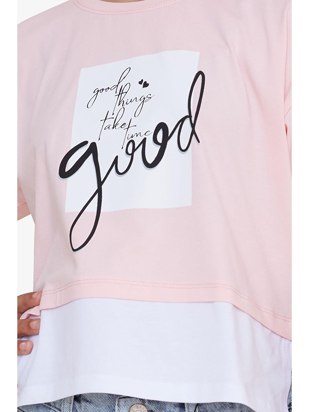 Kız Çocuk Crop Tişört Yazı Baskılı Yanları Yırtmaçlı Pembe (9-14 Yaş)-3