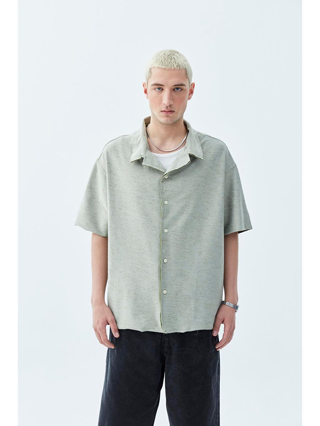 Oversize Keten Gömlek Haki-1